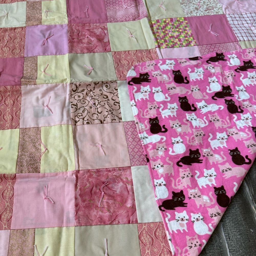 Pink Yellow Cats Handmade Quilt Pet Baby Blanket
